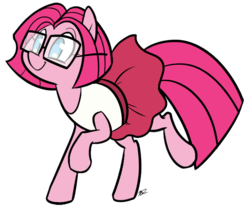 Size: 703x583 | Tagged: safe, artist:egophiliac, pinkie pie, the clone that got away, g4, clothes, cute, diane, female, glasses, pinkie clone, simple background, skirt, solo, transparent background
