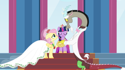 Size: 3733x2100 | Tagged: safe, artist:discordedproductions, discord, fluttershy, twilight sparkle, alicorn, draconequus, pegasus, pony, fanfic:bride of discord, g4, female, high res, male, mare, ship:discoshy, shipping, straight, trio, twilight sparkle (alicorn), wedding