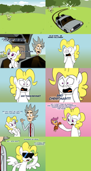 Size: 1600x2982 | Tagged: safe, artist:willdrawforfood1, granny smith, scootaloo, surprise, crab pony, human, pegasus, pony, ask surprise, g1, g4, ask, back to the future, comic, crossover, delorean, dialogue, doc brown, female, g1 to g4, generation leap, mare, meme, open mouth, spread wings, sunglasses, talking, tumblr, wings