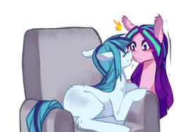 Size: 1024x768 | Tagged: safe, artist:hisshi shoujo, aria blaze, sonata dusk, earth pony, pony, equestria girls, g4, :p, ariabetes, armchair, behaving like a dog, blank flank, blushing, boop, chair, cute, duo, equestria girls ponified, eyes closed, female, floppy ears, fluffy, lesbian, licking, noseboop, ponified, prone, ship:arisona, shipping, simple background, smiling, sonatabetes, tongue out, white background, wide eyes