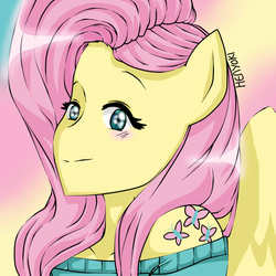 Size: 900x900 | Tagged: safe, artist:henyoki, fluttershy, anthro, g4, ambiguous facial structure, clothes, female, off shoulder, solo, sweatershy