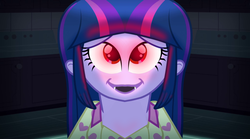 Size: 1280x714 | Tagged: safe, edit, edited screencap, screencap, twilight sparkle, equestria girls, g4, my little pony equestria girls: rainbow rocks, fangs, glowing eyes, red eyes