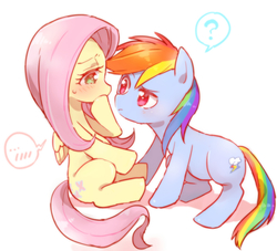 Size: 1559x1416 | Tagged: safe, artist:merryyy87, fluttershy, rainbow dash, pegasus, pony, blushing, confused, cute, female, flutterdash, hnnng, lesbian, looking at each other, mare, question mark, shipping, simple background, sweat, white background, wingless