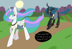 Size: 1000x683 | Tagged: safe, artist:koportable, princess celestia, queen chrysalis, alicorn, changeling, changeling queen, pony, g4, blushing, dialogue, duo, eyes on the prize, running, ship:chryslestia, shipping, tennis