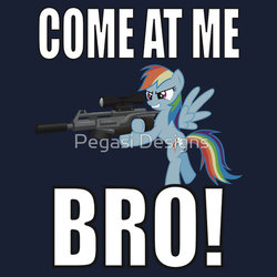 Size: 550x550 | Tagged: safe, rainbow dash, g4, clothes, come at me bro, female, gun, redbubble, solo, sticker, t-shirt, text