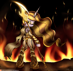 Size: 3991x3840 | Tagged: safe, artist:neko-me, princess celestia, semi-anthro, g4, arm hooves, armor, female, high res, patreon, solo, warrior celestia, warzone, weapon, wingless