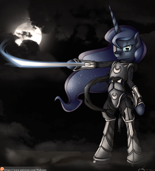 Size: 3462x3830 | Tagged: safe, artist:neko-me, princess luna, alicorn, semi-anthro, g4, arm hooves, armor, clothes, female, high res, moon, patreon, solo, torn clothes, warzone, weapon