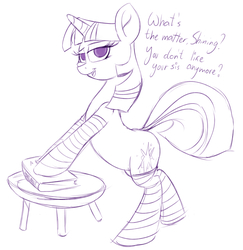 Size: 2529x2604 | Tagged: safe, artist:emberkaese, shining armor, twilight sparkle, pony, unicorn, g4, bedroom eyes, bipedal, book, clothes, dialogue, female, high res, implied incest, implied shining armor, incest, male, monochrome, ship:shiningsparkle, shipping, socks, solo, straight, unicorn twilight