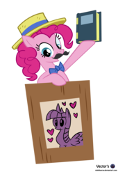 Size: 4346x6400 | Tagged: safe, artist:mlpblueray, pinkie pie, twilight sparkle, alicorn, pony, g4, trade ya!, absurd resolution, book, bowtie, fake moustache, female, hat, mare, simple background, transparent background, twilight sparkle (alicorn), vector