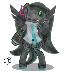 Size: 1042x1180 | Tagged: safe, artist:mlp-scribbles, oc, oc only, oc:obsidian, crystal pony, pony, commission, cosplay, gimp, hatsune miku, simple background, transparent background, vector, vocaloid