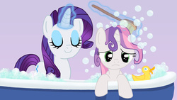 Size: 1920x1080 | Tagged: safe, artist:narfpinky, rarity, sweetie belle, pony, unicorn, g4, bath, bathtub, belle sisters, brush, brushie, bubble, bubble bath, c:, claw foot bathtub, cute, eyes closed, female, filly, frown, levitation, magic, mare, rubber duck, sad, scrubbing, siblings, sisters, smiling, telekinesis, wet, wet mane