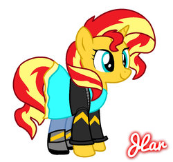 Size: 1066x1002 | Tagged: safe, artist:sweet-swag-pony, sunset shimmer, pony, unicorn, g4, my past is not today, boots, clothes, cute, dress, equestria girls outfit, female, happy, jacket, leggings, ponified, shimmerbetes, signature, smiling, solo