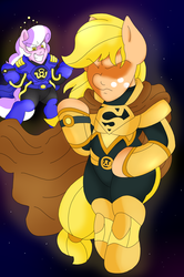 Size: 2255x3393 | Tagged: safe, artist:blackbewhite2k7, applejack, diamond tiara, g4, alternate universe, app-el, commission, high res, superboy prime, superman, supermare, yellow lantern