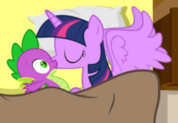 Size: 1500x1038 | Tagged: safe, artist:craz3gam3r, artist:sulyo, hundreds of users filter this tag, spike, twilight sparkle, alicorn, pony, g4, bed, cute, eyes closed, female, kiss on the lips, kissing, male, mare, ship:twispike, shipping, show accurate, straight, twilight sparkle (alicorn), wingboner