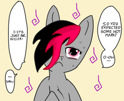 Size: 771x630 | Tagged: safe, artist:lazerblues, oc, oc only, oc:miss eri, black and red mane, dialogue, emo, solo, tomoko kuroki, two toned mane, watamote