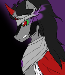 Size: 1300x1500 | Tagged: safe, artist:nibbinz, king sombra, pony, unicorn, g4, antagonist, armor, cape, clothes, crown, evil, evil smile, fangs, flowing mane, helmet, king sideburns, male, smoke