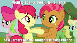 Size: 1280x720 | Tagged: safe, edit, edited screencap, screencap, apple bloom, apple honey, apple tarty, babs seed, red gala, earth pony, pony, apple family reunion, g4, apple family member, applecest, background pony, barbara ann, caption, dancing, female, filly, image macro, implied cousin incest, implied shipping, lesbian, mare, ship:appleseed, shipping, the beach boys