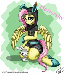 Size: 702x798 | Tagged: safe, artist:calyartist, angel bunny, fluttershy, pegasus, pony, semi-anthro, g4, bunny ears, clothes, costume, dangerous mission outfit, female, goggles, hoodie, looking at you, mare, smiling, solo