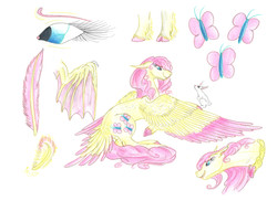 Size: 7014x5100 | Tagged: safe, artist:dawn22eagle, angel bunny, fluttershy, pegasus, pony, rabbit, g4, absurd resolution, bat wings, colored wings, colored wingtips, element of kindness, fangs, feather, fluttershy's cutie mark, headcanon, tail feathers, wings