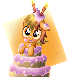 Size: 888x1000 | Tagged: safe, artist:ruhisu, oc, oc only, oc:brave wing, birthday, blushing, cake, candle, colt, cute, dirty, foal, happy, male, ocbetes, popping out of a cake, smiling, solo