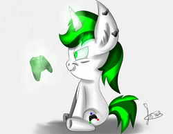 Size: 1951x1514 | Tagged: safe, artist:jorge123esp, oc, oc only, pony, unicorn, gaming, horn, magic, piercing, shadow, signature, simple background, teeth, white background, xbox one