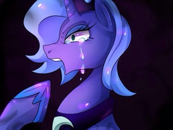 Size: 800x600 | Tagged: safe, artist:hosikawa, princess luna, alicorn, pony, g4, black background, bust, crying, female, pixiv, s1 luna, short mane, simple background, solo