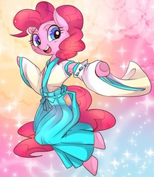 Size: 525x606 | Tagged: safe, artist:hosikawa, pinkie pie, earth pony, semi-anthro, g4, abstract background, female, miko, open mouth, open smile, pixiv, smiling, solo