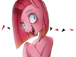Size: 640x480 | Tagged: safe, artist:hosikawa, pinkie pie, earth pony, pony, g4, bust, fangs, female, looking at you, pinkamena diane pie, pixiv, sharp teeth, shrunken pupils, simple background, solo, teeth, white background