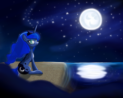 Size: 2000x1600 | Tagged: safe, artist:legendarymemory, princess luna, g4, female, looking at you, moon, night, reflection, sitting, solo, stars, water