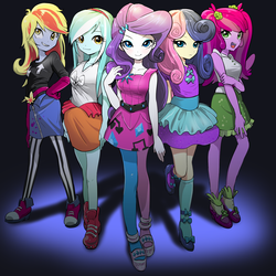 Size: 1300x1300 | Tagged: safe, artist:quizia, bon bon, cheerilee, derpy hooves, lyra heartstrings, rarity, sweetie drops, human, equestria girls, g4, life is a runway, my little pony equestria girls: rainbow rocks, adorabon, alternate hairstyle, anklet, black background, cheeribetes, clip studio paint, clothes, cute, denim skirt, dress, featured image, female, flip-flops, frown, grin, gritted teeth, headband, heart, high heels, leggings, lidded eyes, looking at you, lyrabetes, music notes, open mouth, pose, raised leg, scene interpretation, sexy, simple background, skirt, smiling, socks, spotlight, sweet dreams fuel, thigh highs, tights