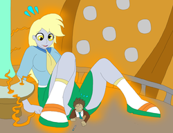 Size: 1700x1310 | Tagged: safe, artist:final7darkness, derpy hooves, doctor whooves, time turner, equestria girls, g4, clothes, giantess, growth, macro, open mouth, request, requested art, sitting on person, size difference, tardis