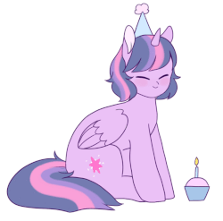 Size: 691x684 | Tagged: dead source, safe, artist:serafelis, twilight sparkle, alicorn, pony, g4, animated, birthday, blushing, candle, cupcake, cute, eyes closed, female, happy, hat, mare, party hat, sitting, smiling, solo, stomping, twiabetes, twilight sparkle (alicorn)