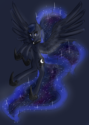 Size: 1000x1396 | Tagged: safe, artist:murzik-teijiro, princess luna, g4, female, flying, looking at you, smiling, solo, spread wings