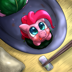 Size: 1000x1000 | Tagged: safe, artist:ushiro no kukan, pinkie pie, g4, :p, chopsticks, cute, diapinkes, female, looking up, micro, sitting, solo, sushi, sushi pony, tiny ponies