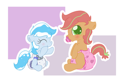 Size: 1024x688 | Tagged: safe, artist:vitriolink, oc, oc only, oc:shy flames, oc:snow frost, earth pony, pony, baby, baby pony, blushing, commission, cute, diaper, giggling, pacifier, poofy diaper, sissy