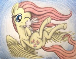 Size: 1012x790 | Tagged: safe, artist:thefriendlyelephant, angel bunny, fluttershy, rabbit, g4, cute, duo, flying, hug, nuzzling, smiling, spread wings, traditional art, wink