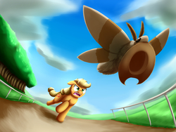 Size: 2000x1504 | Tagged: safe, artist:otakuap, applejack, oc, oc:fluffy the bringer of darkness, earth pony, insect, moth, pony, g4, accessory theft, angry, animal, applejack's hat, chase, cloud, cowboy hat, female, floppy ears, freckles, giant insect, glare, grass, hat, mare, mouth hold, open mouth, raised hoof, running, sky