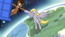 Size: 1280x720 | Tagged: safe, artist:mikeythefox, derpy hooves, doctor whooves, time turner, earth pony, pegasus, pony, g4, crossover, doctor who, earth, female, male, mare, orbit, planet, space, stallion, tardis, the doctor