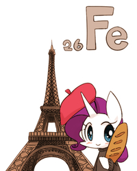 Size: 800x1000 | Tagged: safe, artist:joycall6, part of a set, rarity, pony, unicorn, series:joycall6's periodic table, g4, baguette, beatnik rarity, beret, blushing, bread, chemistry, clothes, eiffel tower, female, ferrum, food, hat, iron, mare, periodic table, simple background, solo, sweater, white background