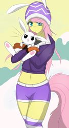Size: 2000x3700 | Tagged: safe, artist:skatalapu, angel bunny, fluttershy, anthro, g4, belly button, clothes, gloves, hat, high res, jacket, midriff, snow, socks, striped socks, thigh highs