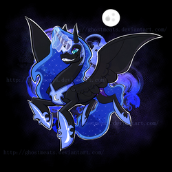 Size: 2310x2310 | Tagged: safe, artist:negabrony, nightmare moon, g4, female, grin, high res, moon, solo, watermark