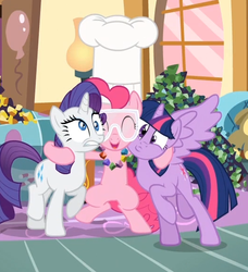 Size: 529x579 | Tagged: safe, screencap, pinkie pie, rarity, twilight sparkle, alicorn, earth pony, pony, unicorn, g4, maud pie (episode), bone-crushing snuggles, eyes closed, female, frown, hape, hug, mare, rock candy necklace, squishy cheeks, twilight sparkle (alicorn)