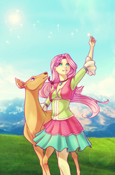 Size: 988x1500 | Tagged: safe, artist:lessanamidairo, fluttershy, deer, equestria girls, friendship through the ages, g4, clothes, dandelion, dress, female, folk fluttershy, skirt, solo