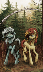 Size: 1314x2185 | Tagged: safe, artist:koviry, sunset shimmer, trixie, pony, unicorn, g4, forest, spruce tree, tree