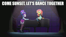 Size: 1280x720 | Tagged: safe, edit, edited screencap, screencap, sunset shimmer, twilight sparkle, equestria girls, friendship through the ages, g4, alternate hairstyle, animated, beehive hairdo, clothes, duo, evening gloves, female, image macro, lesbian, meme, ship:sunsetsparkle, shipping