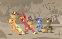 Size: 4059x2576 | Tagged: safe, artist:jcosneverexisted, artist:sulyo, applejack, big macintosh, blues, doctor whooves, noteworthy, time turner, rabbit, g4, backwards cutie mark, easter, easter bunny, egg, species swap, sweat