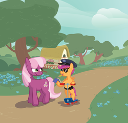 Size: 5768x5590 | Tagged: safe, artist:liracrown, cheerilee, scootaloo, g4, absurd resolution, house, mouth hold, path, pencil, police officer, scooter, serious face, sunglasses, tree