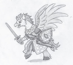 Size: 945x845 | Tagged: safe, artist:sensko, oc, oc only, classical hippogriff, hippogriff, armor, bipedal, black and white, chainmail, equestrian valour, fantasy class, grayscale, kite shield, knight, monochrome, normandy, pencil drawing, prance, scabbard, shield, solo, traditional art, warrior, weapon