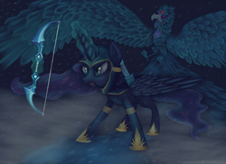 Size: 3508x2552 | Tagged: safe, artist:sanya-mosaica, princess luna, alicorn, ice phoenix, phoenix, pony, g4, anivia, ashe, bow (weapon), crossover, duo, female, high res, hood, league of legends, magic, magic aura, mare, quiver, spread wings, telekinesis, wings