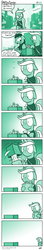 Size: 731x4173 | Tagged: safe, artist:dori-to, lyra heartstrings, earth pony, pony, unicorn, comic:silly lyra, g4, box, clothes, comic, convention, female, figurine, floppy ears, gradient background, green background, greenscale, mare, monochrome, open mouth, pony figurines, saddle bag, shirt, silly lyra, silly lyra español, simple background, spanish, translation, translator:the-luna-fan, wide eyes